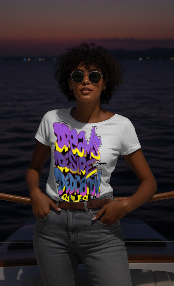 NQ Penetration Tee – Dreams Reside Dedication Rules graffiti graphic on white tee, worn by model at sunset